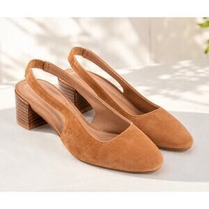 Tan Suede Slingback Block Heel Pumps Square Toe Minimalist Women’s 7